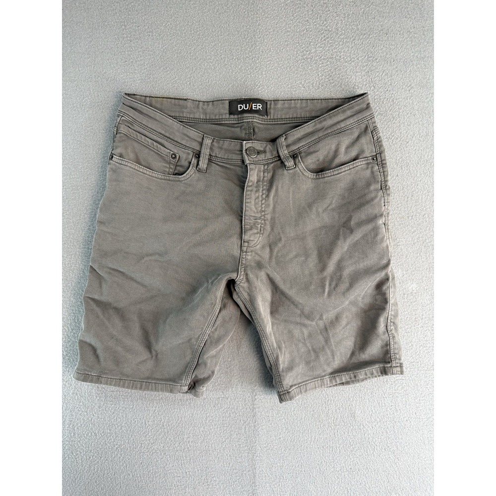 DU/ER N2X Slim Fit Shorts Mens 34 Gray Denim Chino 9 Inseam Casual Summer